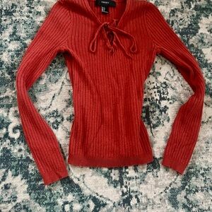 Forever 21 Women's Orange Ribbed Lace-Up V-Neck Sweater🍑